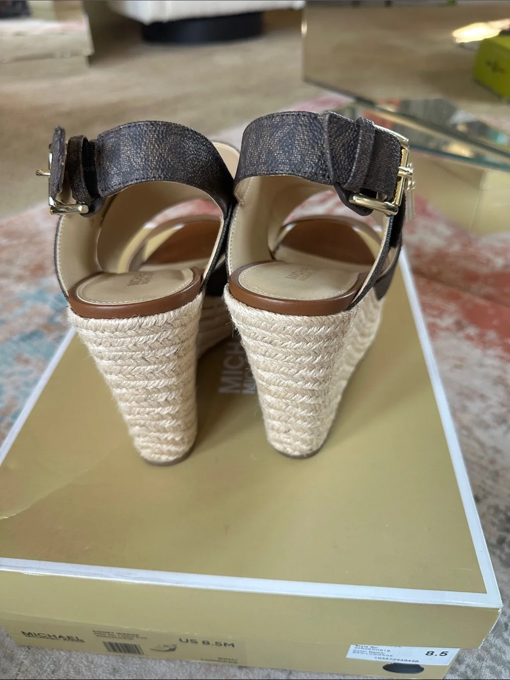 Michael Kors Brown Leather and Logo Espadrille Wedge Sandals